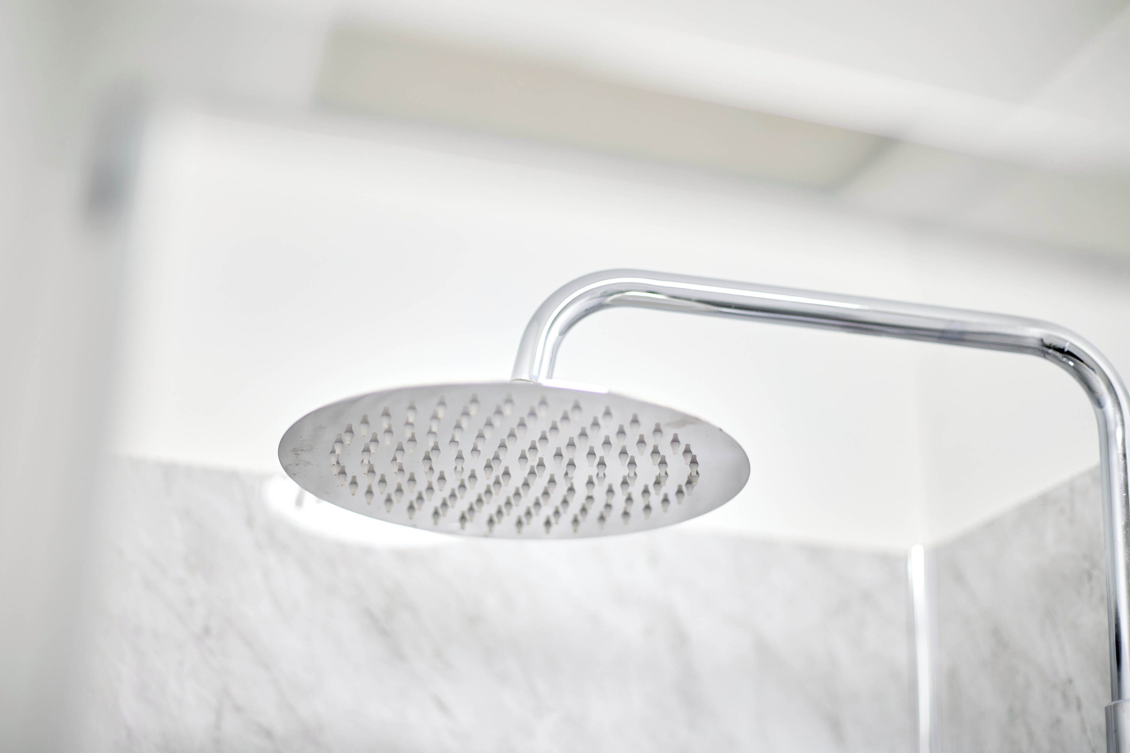 Un pommeau de douche doté d’un manche incurvé et d’une tête de douche perforée.