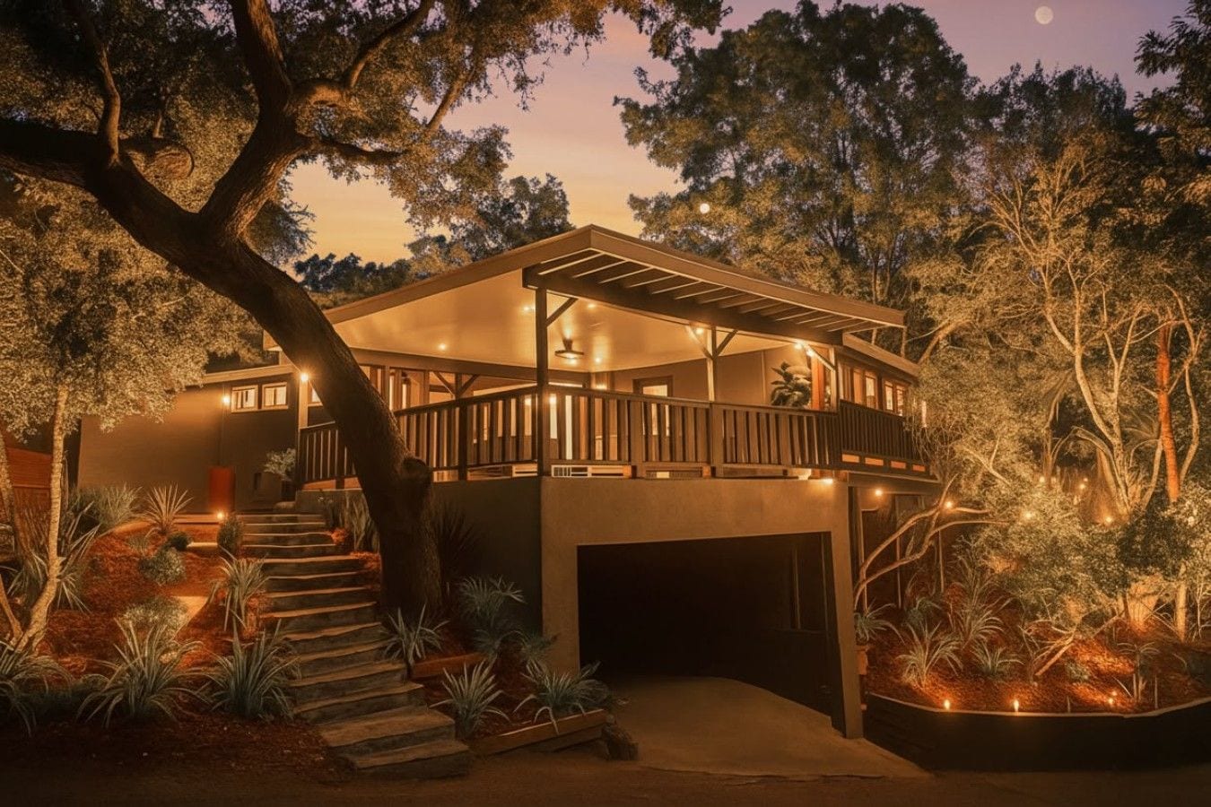 A modern house with a covered porch, a staircase leading to a deck, and a garage.