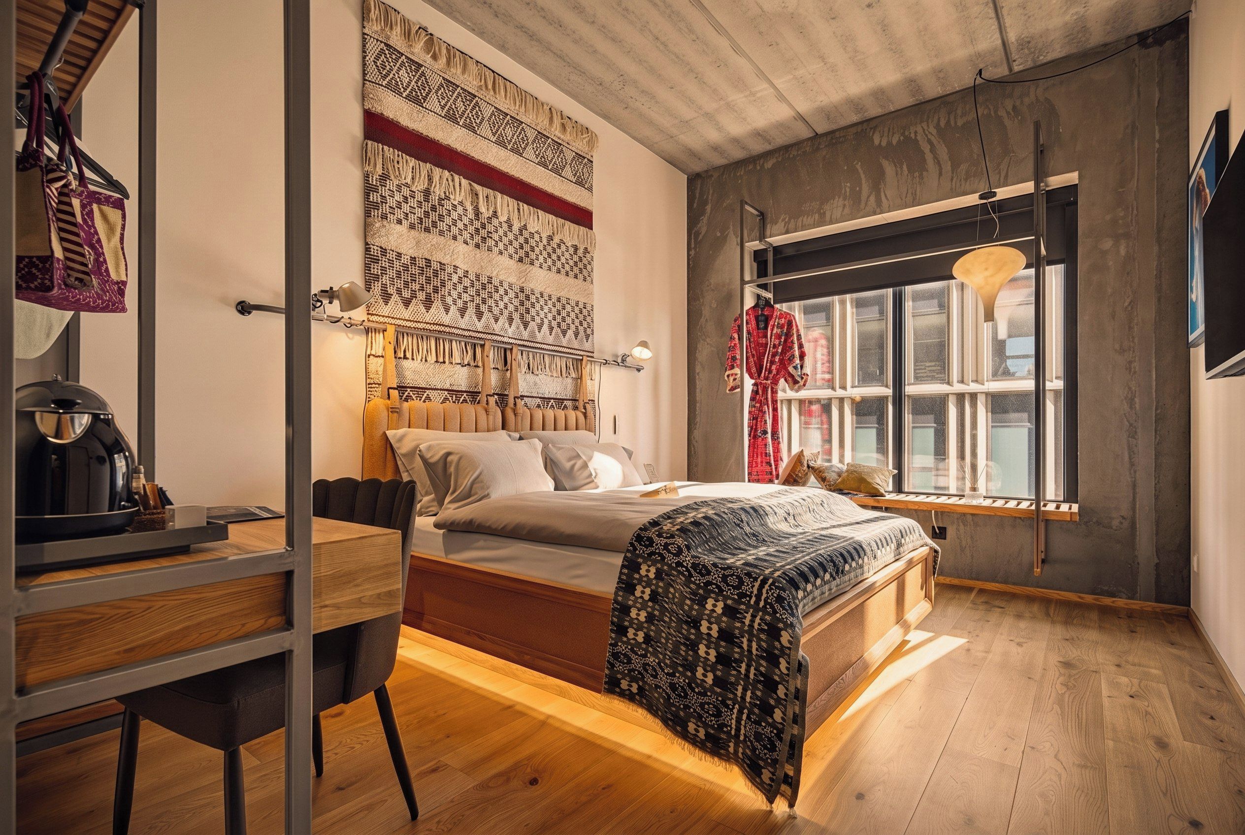 A bedroom with a bed, a desk, a large window, and a wall with patterned textiles.