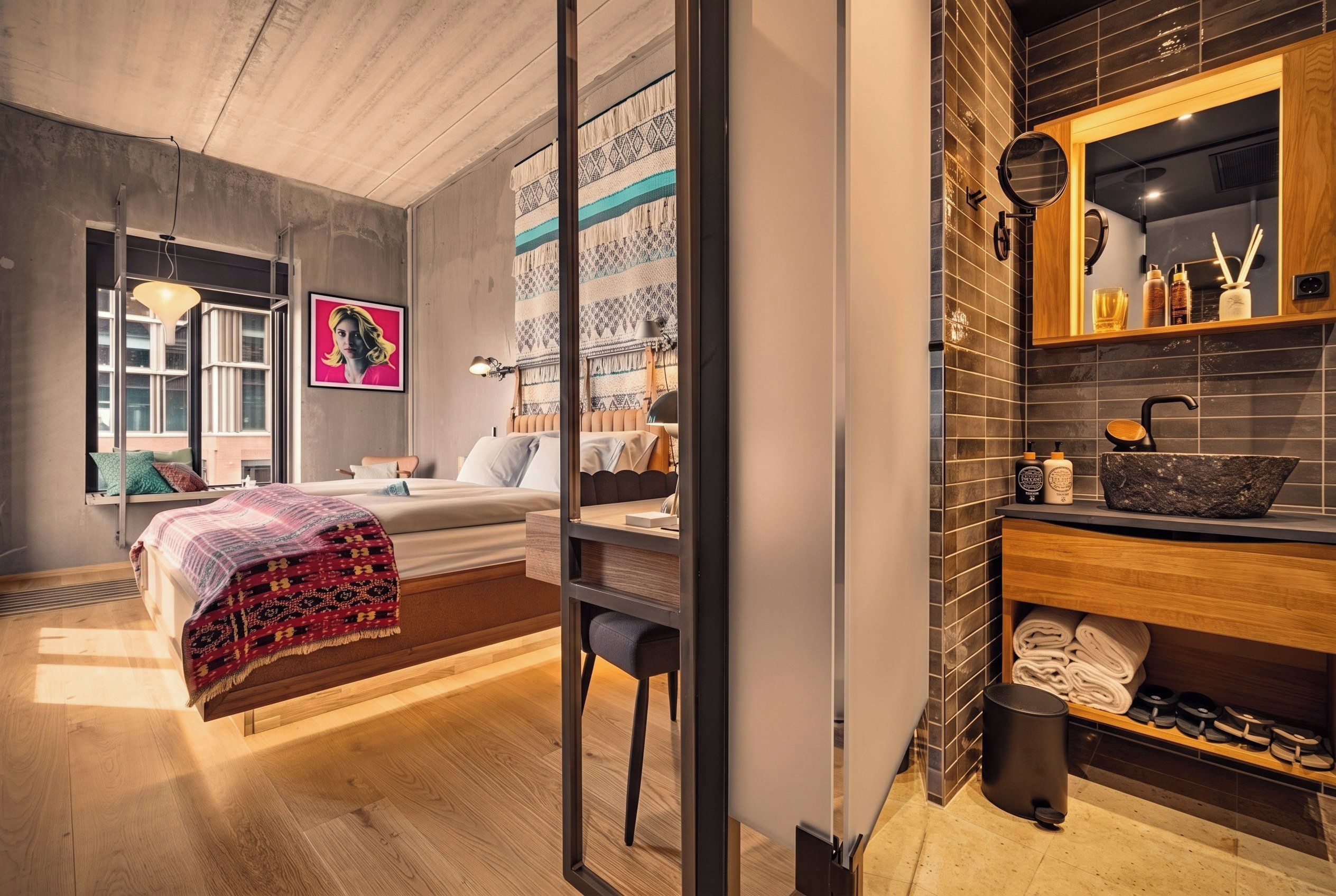 A modern bedroom with a bed, bedside table, and a large mirror.