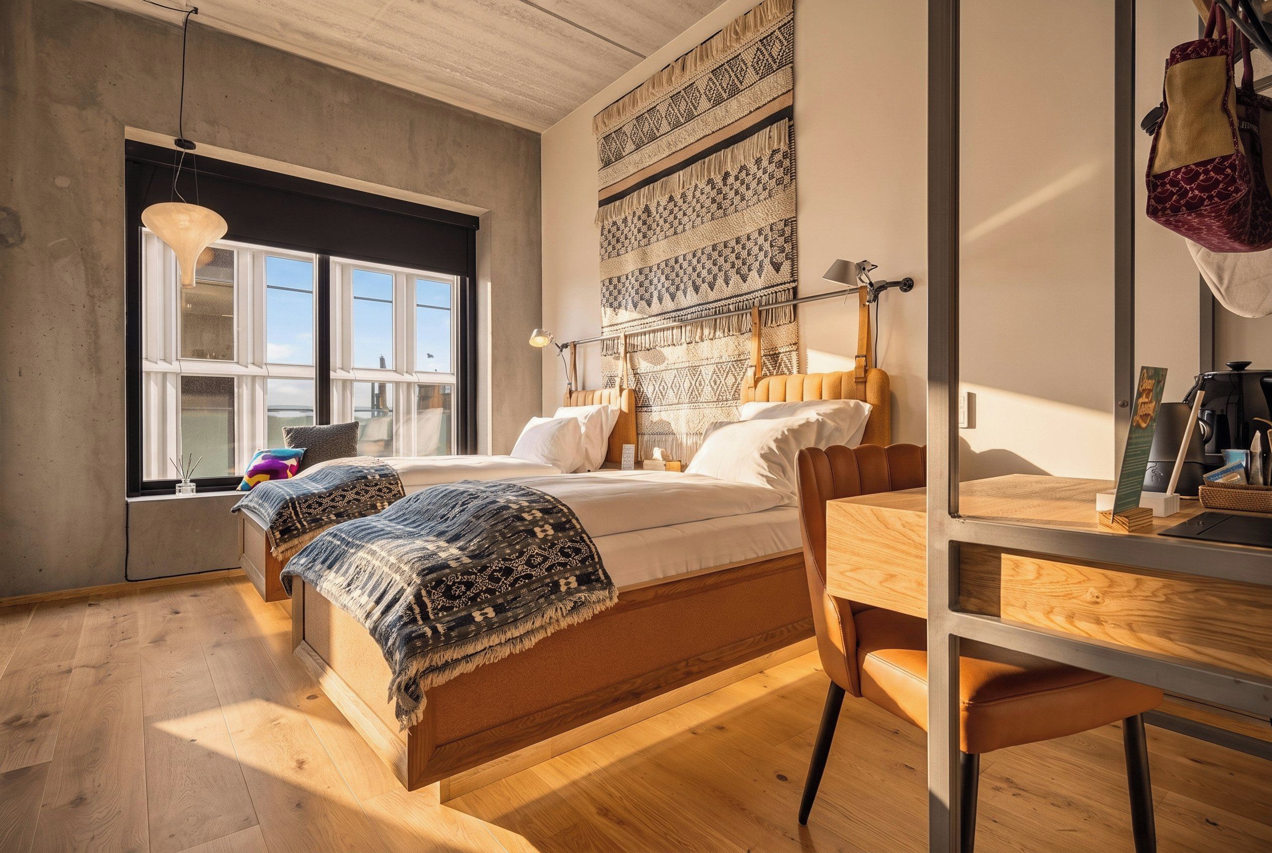 A modern bedroom with a large bed, a desk, and a window with a view.