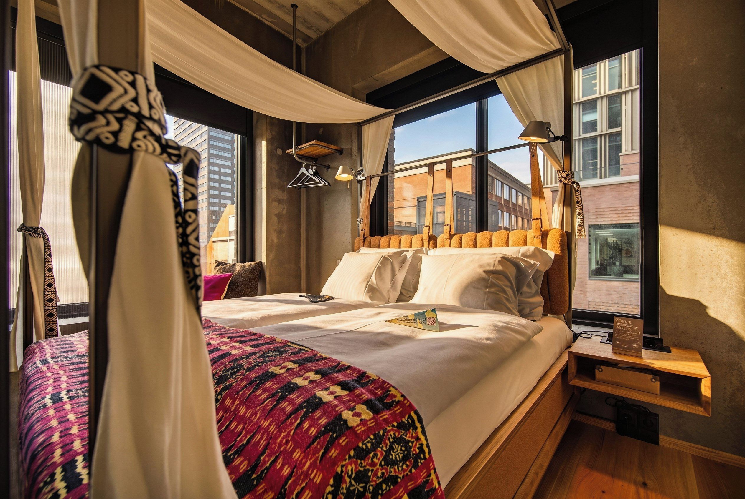 Una cama con una colcha estampada, una mesita de noche con una lámpara y vistas a edificios a través de amplios ventanales.