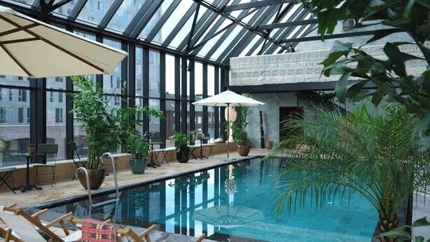 Piscina interna com teto de vidro, rodeada por plantas em vasos e áreas de estar.