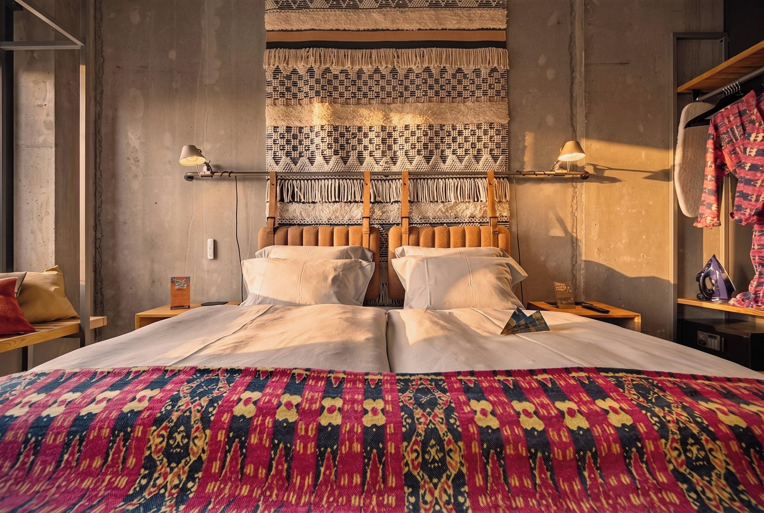Una habitación de hotel con una cama grande, dos mesitas de noche, un cabecero con espacio de almacenamiento y una lámpara de pared.