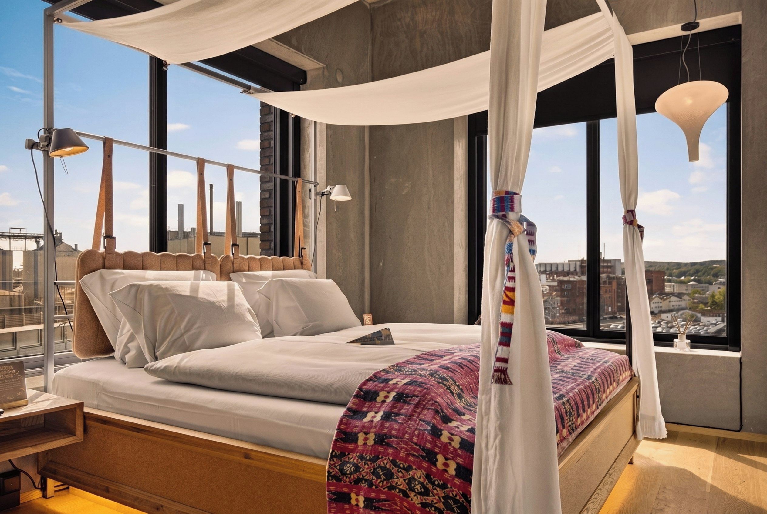 Quarto moderno com uma cama grande, dossel e vista para a cidade.
