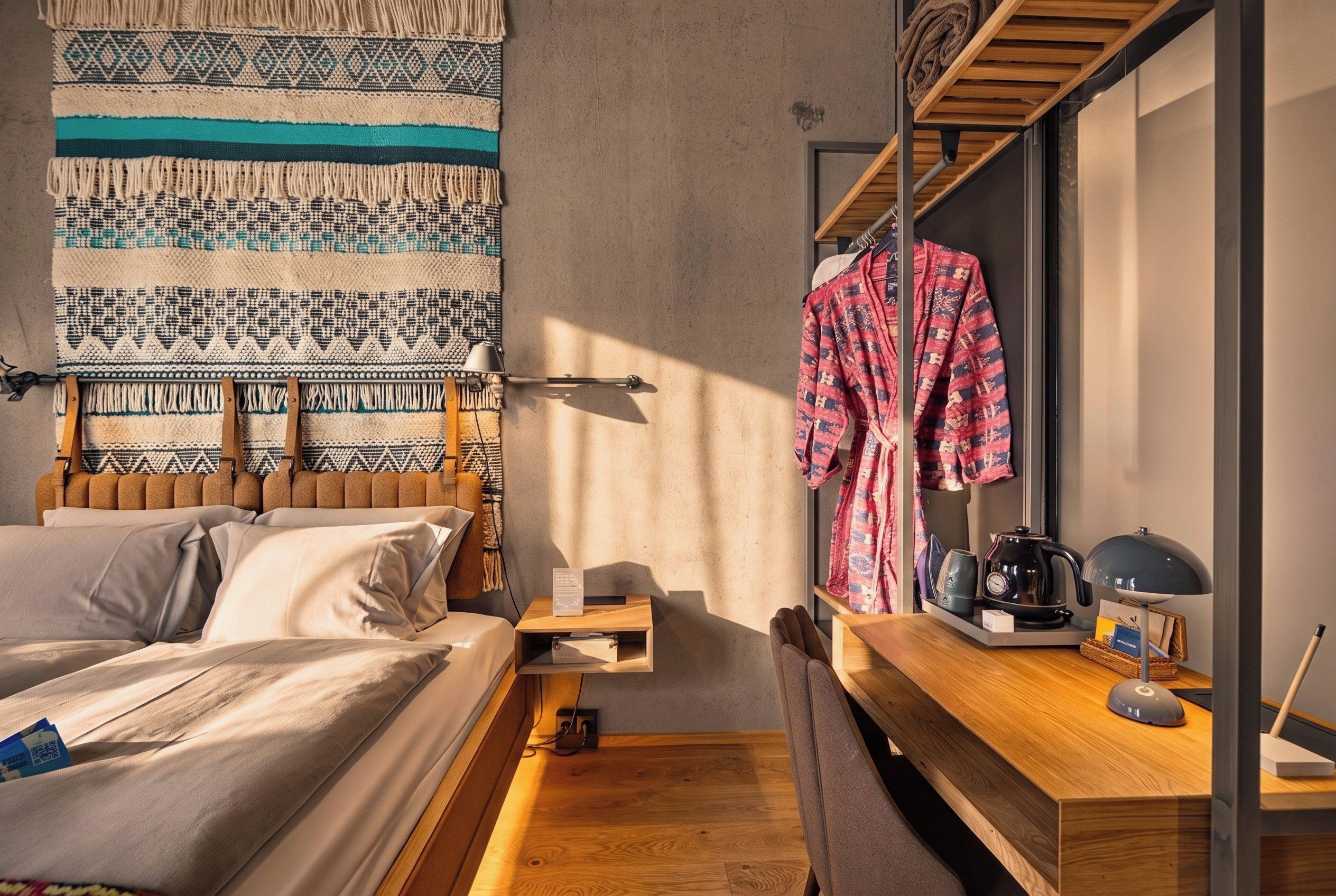 Una habitación de hotel con cama, escritorio, silla, bata colgada y lámpara de pared.