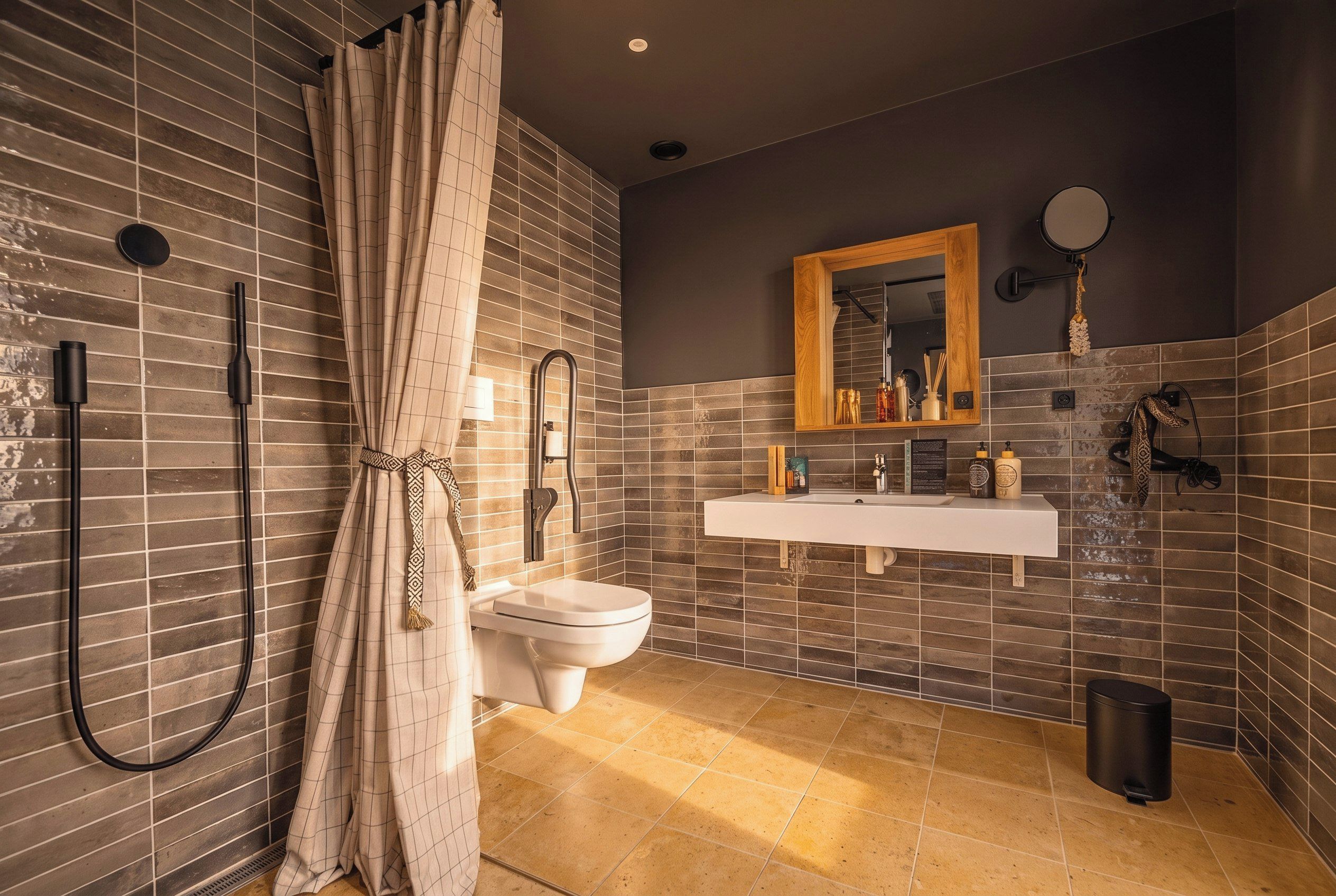 A modern bathroom with a shower, toilet, and sink, featuring a tiled backsplash and a wooden vanity.
