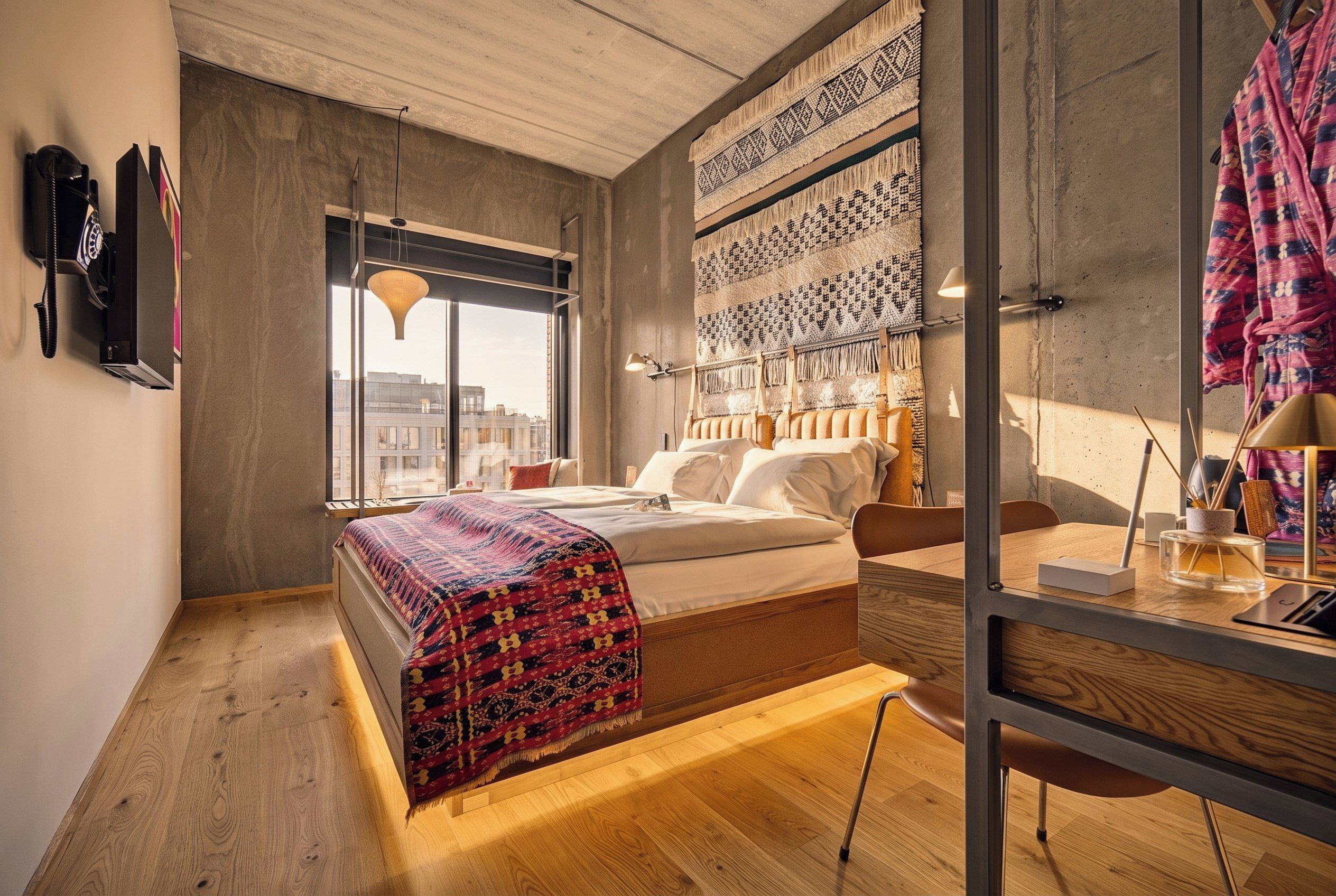 A modern bedroom with a large bed, a view of the city through a window, and a unique wall tapestry.