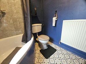 Ein Badezimmer mit Toilette, Dusche und Heizkörper.