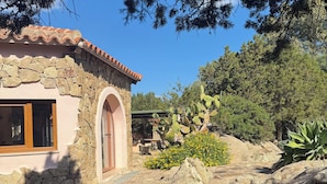 A stone building with a tiled roof, an arched doorway, and a stone pathway leading to a cactus garden.