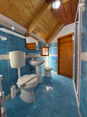 A bathroom with a wooden ceiling, blue tiles, a toilet, a bidet, and a sink. - Villa Degli Archi, a beautiful villa with a private pool and the beach just a few meters away   (La Maddalena)