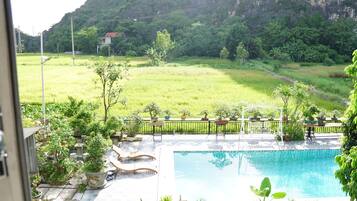 A swimming pool with a surrounding deck, a small garden area with potted plants, and a view of a green field and mountains in the background.