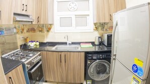 Une cuisine compacte équipée d’une cuisinière, d’un évier, d’un lave-linge et d’un réfrigérateur.