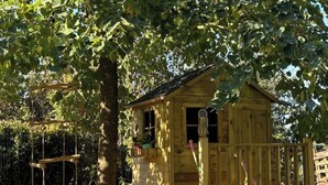 Ein hölzernes Baumhaus mit Balkon, umgeben von Vegetation.
