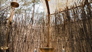 A rustic setting with a hanging showerhead, a brass basin, and a bottle of body wash on a wooden platform.
