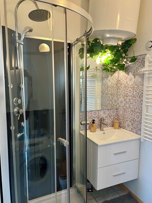 Shower, hair dryer, towels, soap