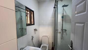 A bathroom with a glass-enclosed shower, a sink, and a toilet.