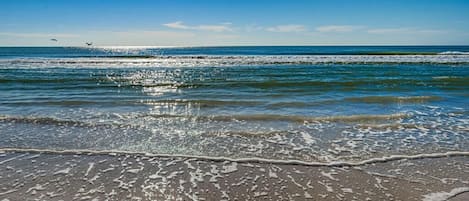 Una playa con olas, cielo despejado y aves a lo lejos.