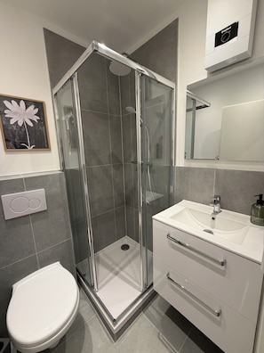Dusche, Haartrockner, HandtĂŒcher, Toilettenpapier