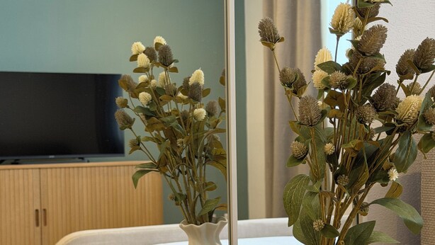 Habitación de hotel con cama, televisor, dos jarrones blancos con flores secas y un recipiente negro con la etiqueta 'WHITE TEA & GINGER'.
