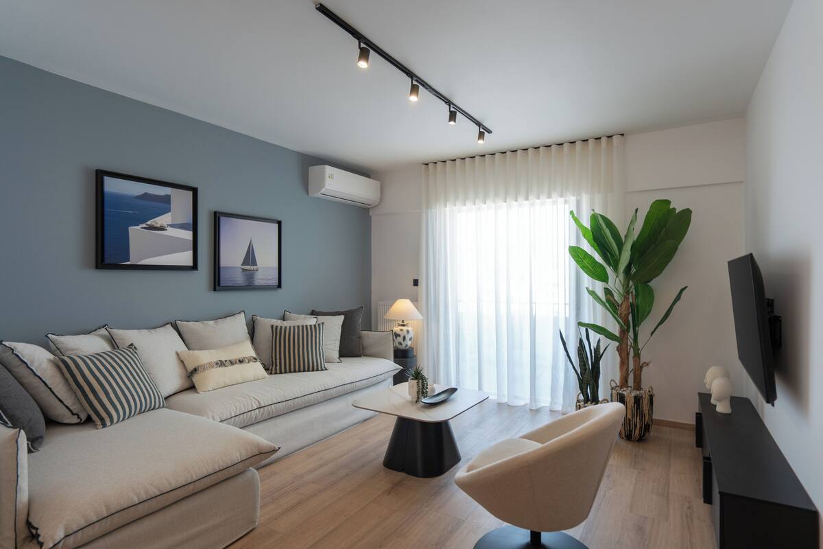 A modern living room with a sofa, a coffee table, a TV, and a large plant.