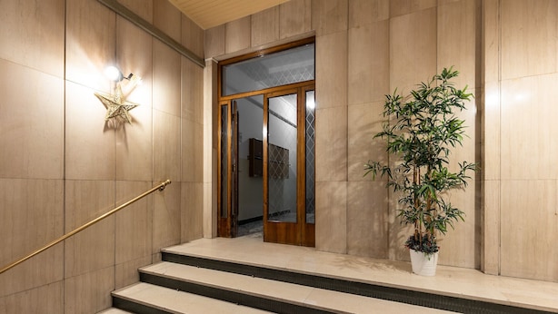A staircase with a handrail, a potted plant, and a door with a glass panel. - Nido di Galliera by Wonderful Italy (Bologna)