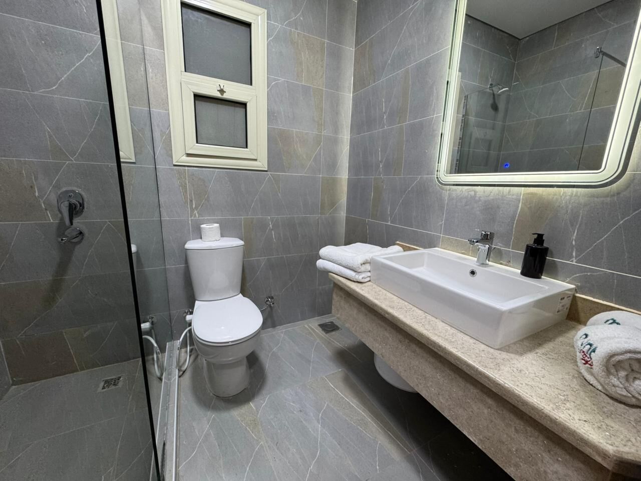 Un bagno con un WC, una doccia, un lavandino e uno specchio.