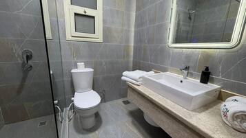 Un bagno con un WC, una doccia, un lavandino e uno specchio.