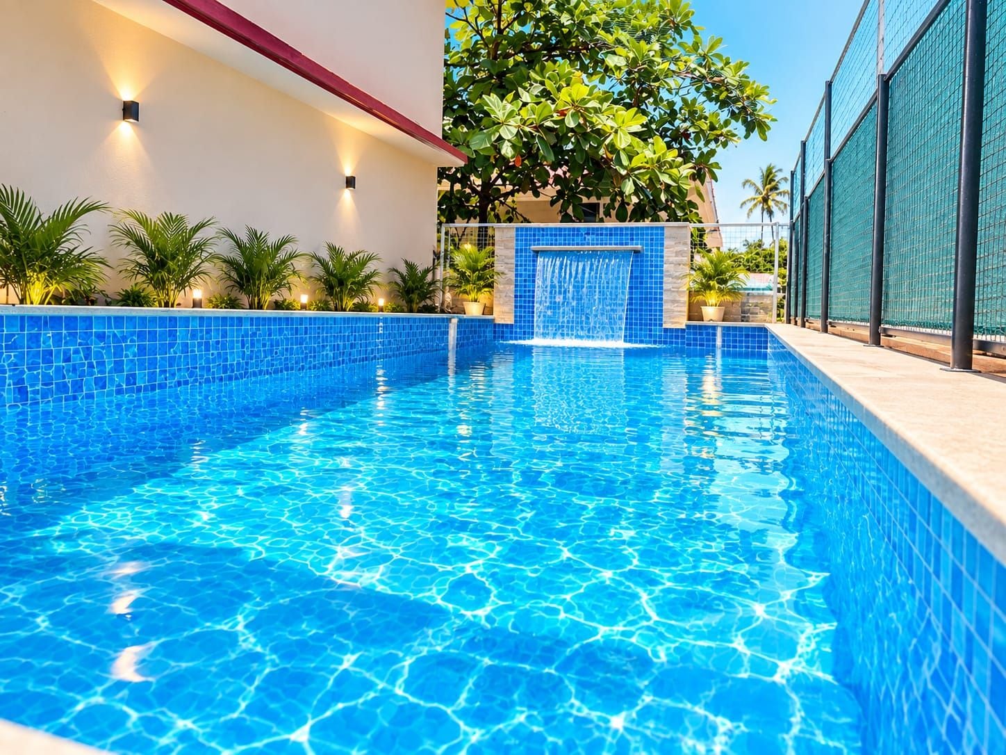 Una piscina con agua azul cristalina, rodeada por un muro blanco y un travesaño rojo.