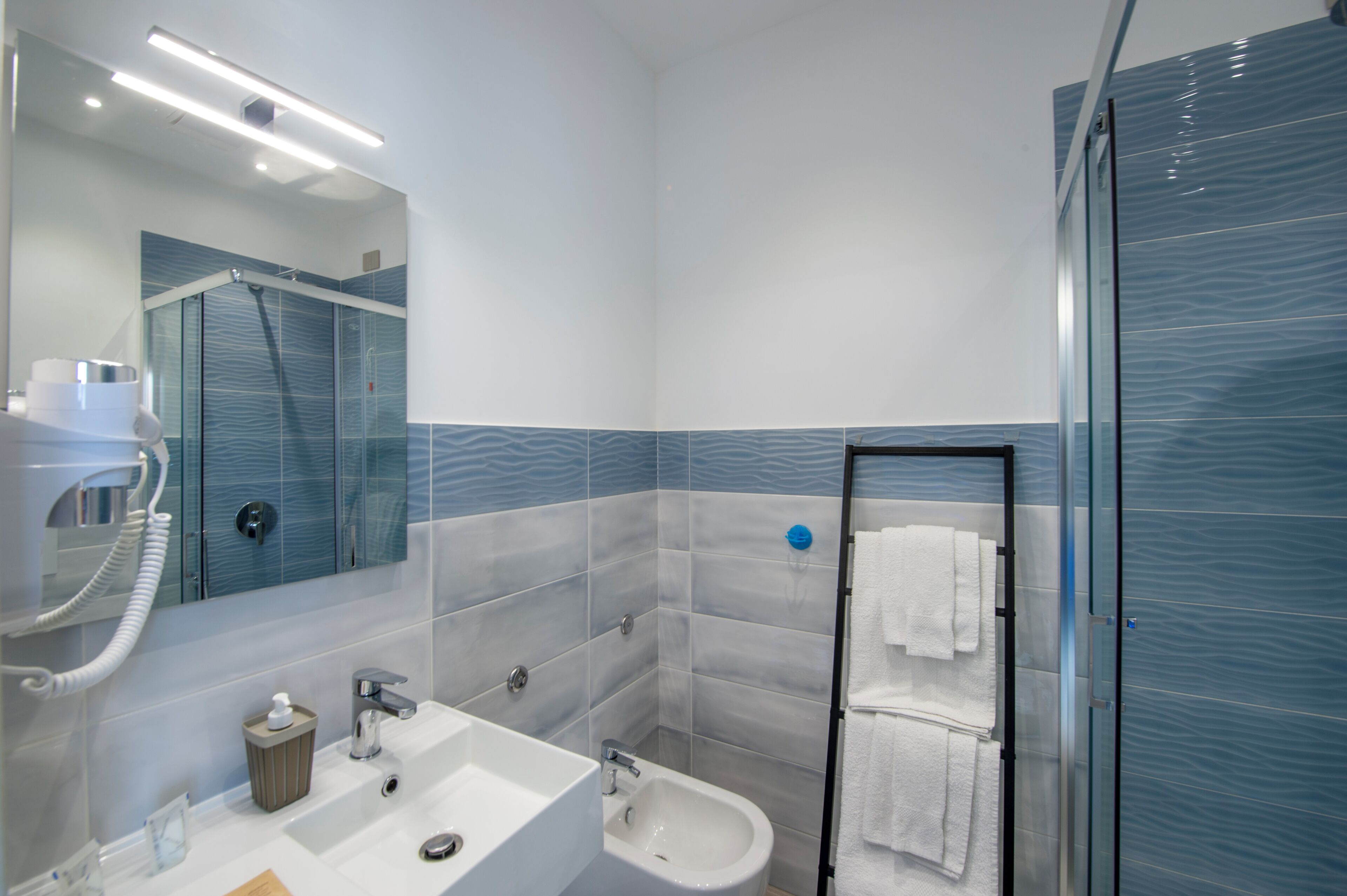 A modern bathroom with a glass shower enclosure, a bidet, a sink with a mirror, and a towel rack.