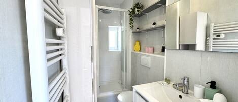A modern bathroom with a shower, toilet, and sink.