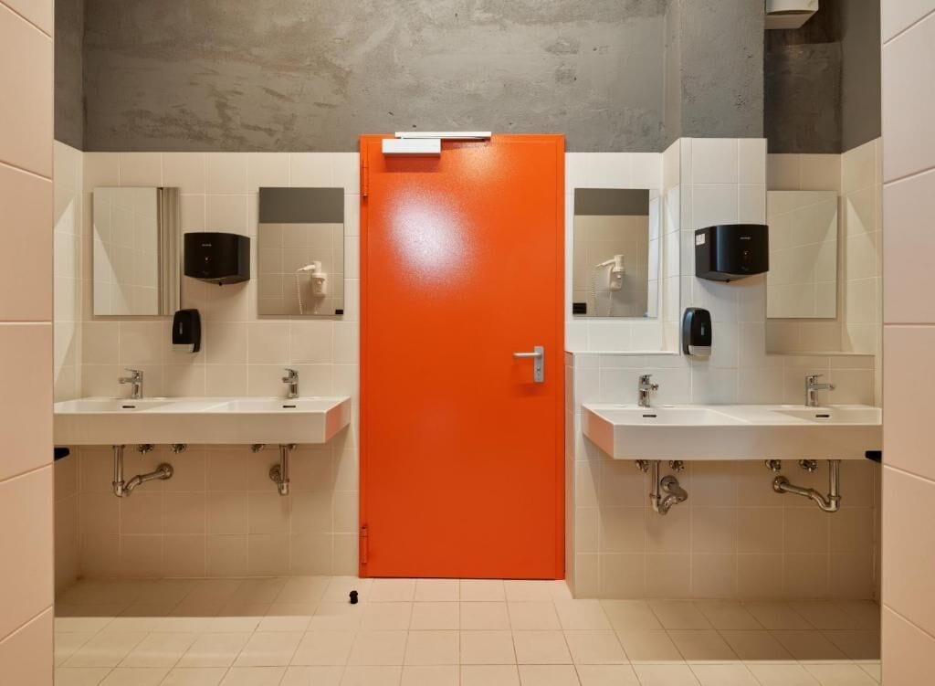 Des toilettes équipées de deux lavabos, d’un miroir, d’un distributeur de savon et d’une porte orange.