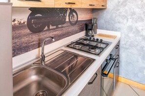 Una cuina amb un rentaplat de superfície inox, fogó de gas i cafetera.