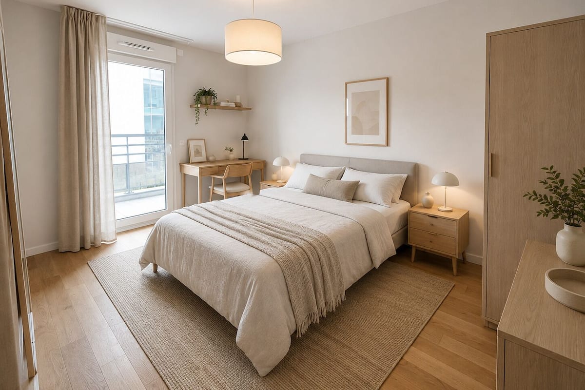 A bedroom with a bed, bedside tables, a desk, a chair, a hanging light fixture, a window with curtains, and a plant.