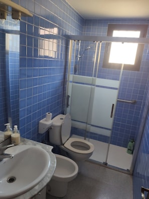 Hair dryer, towels, soap, toilet paper