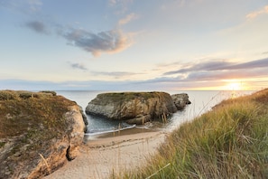 Eine Küstenlandschaft mit einem Felsen und einem Sandstrand.
