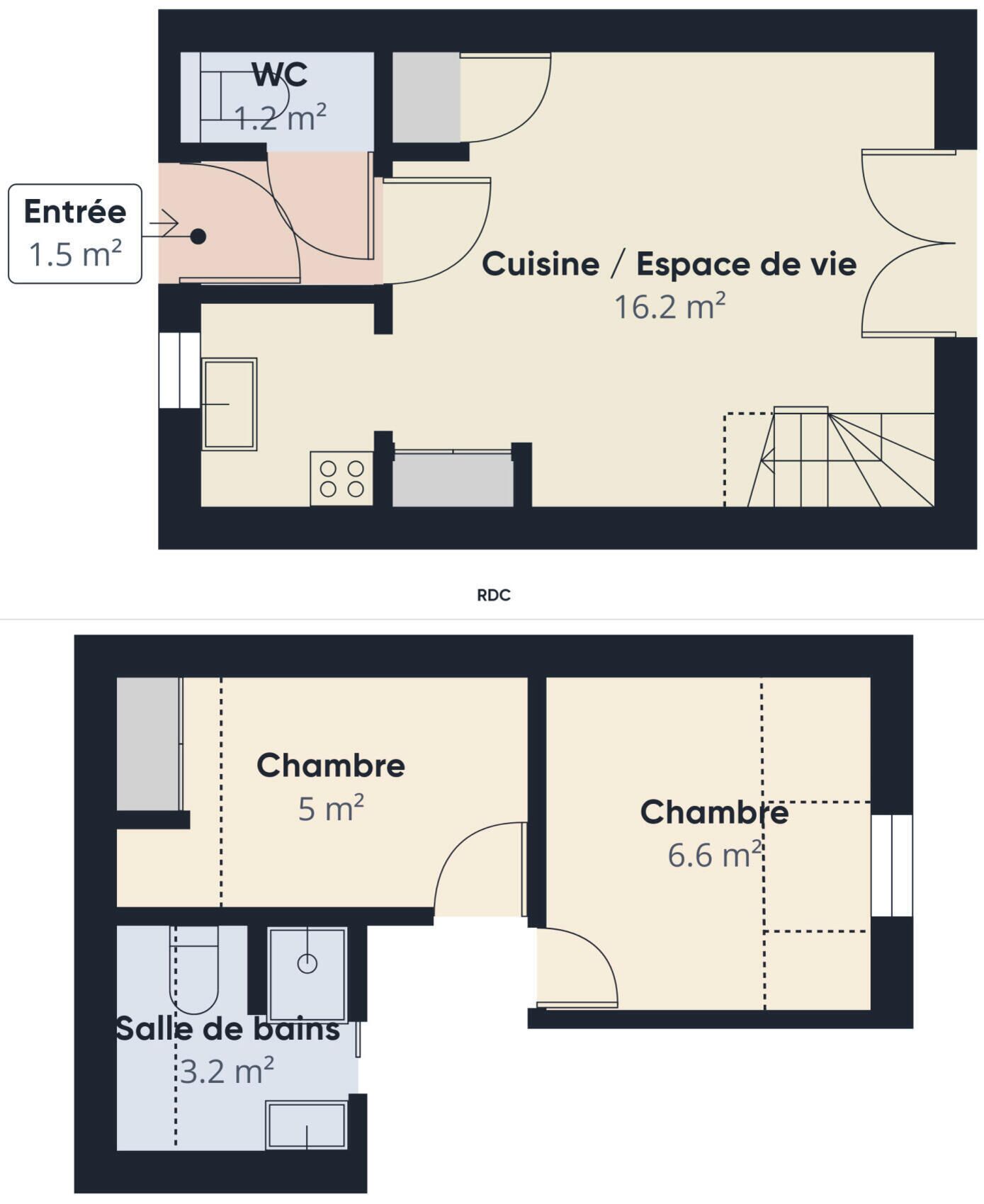 A floor plan with a WC (1.2 m²), and 1.5 m²), a kitchen (16.2 m²), two bedrooms (5 m² and 6.6 m²), and a bathroom (3.2 m²).
