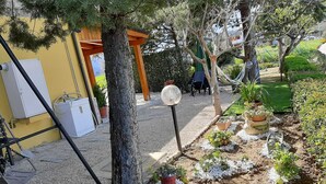 Ein Garten mit Kübelpflanzen, einer Hängematte und einer Holzpergola.
