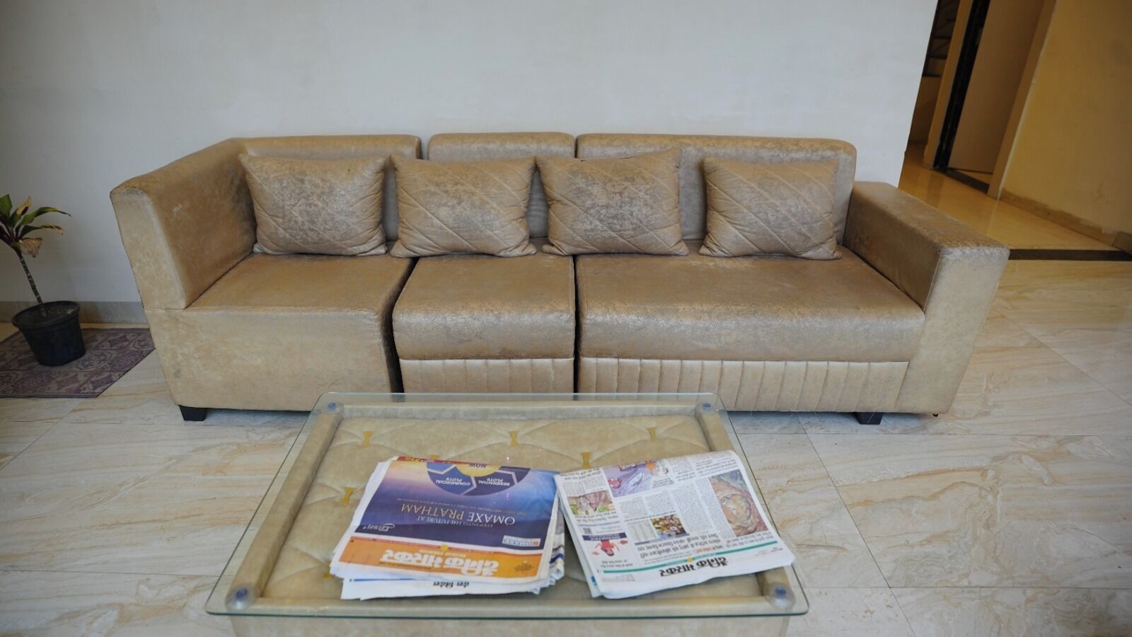 A beige sofa with four cushions, a glass coffee table with magazines, and a potted plant to the left.