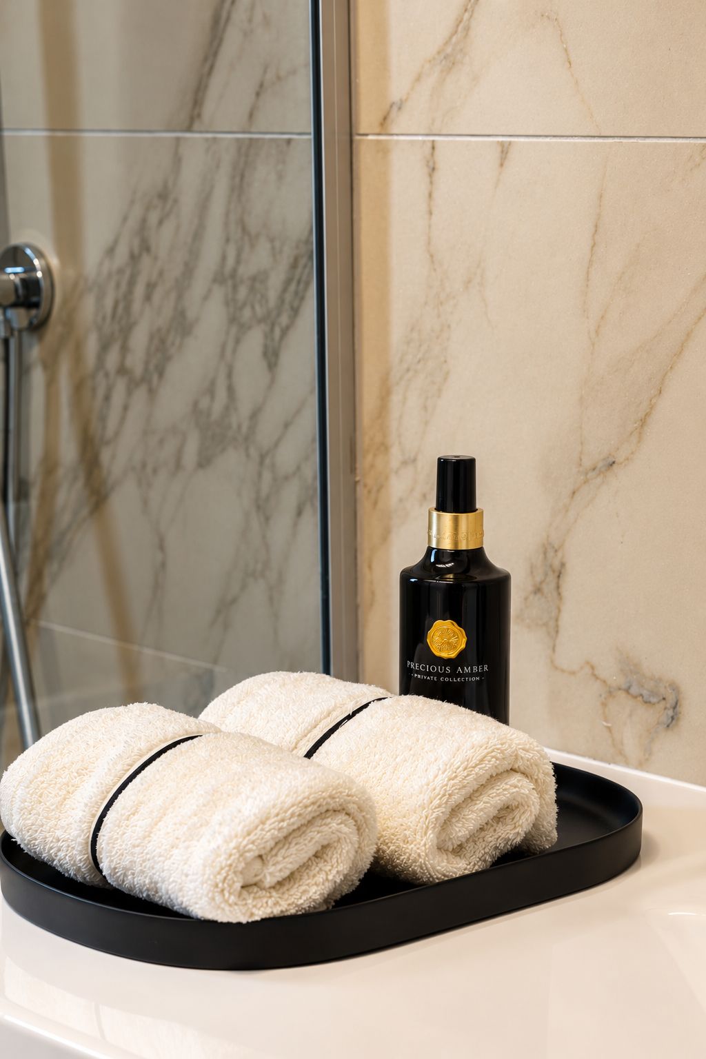 A bathroom with a marble wall, a black tray holding two towels, and a bottle of Precious Amber.