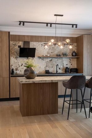 Apartment, 1 King Bed with Sofa bed, City View | Private kitchen | Fridge, oven, stovetop, cookware/dishes/utensils