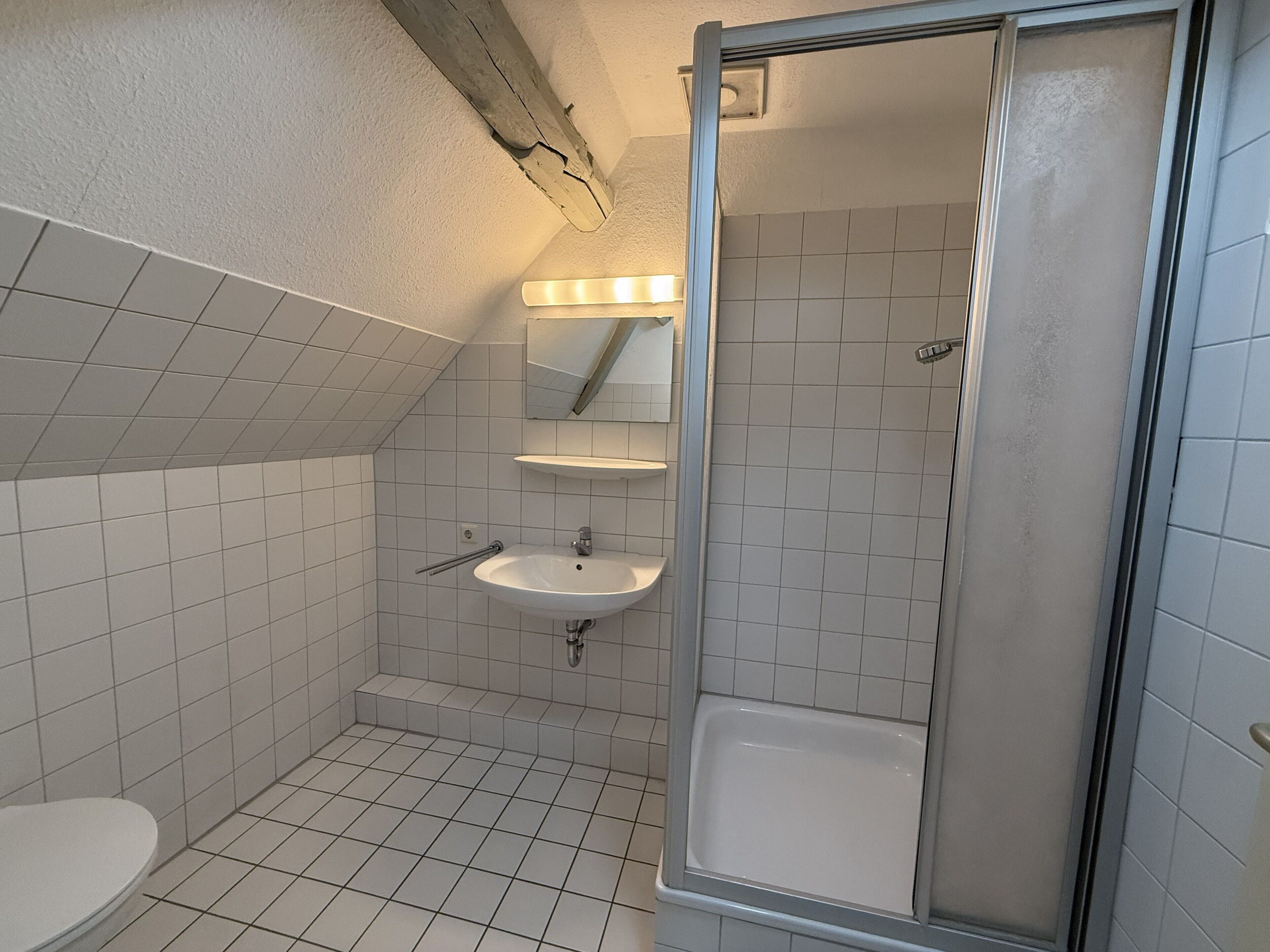 A bathroom with a toilet, sink, and shower.