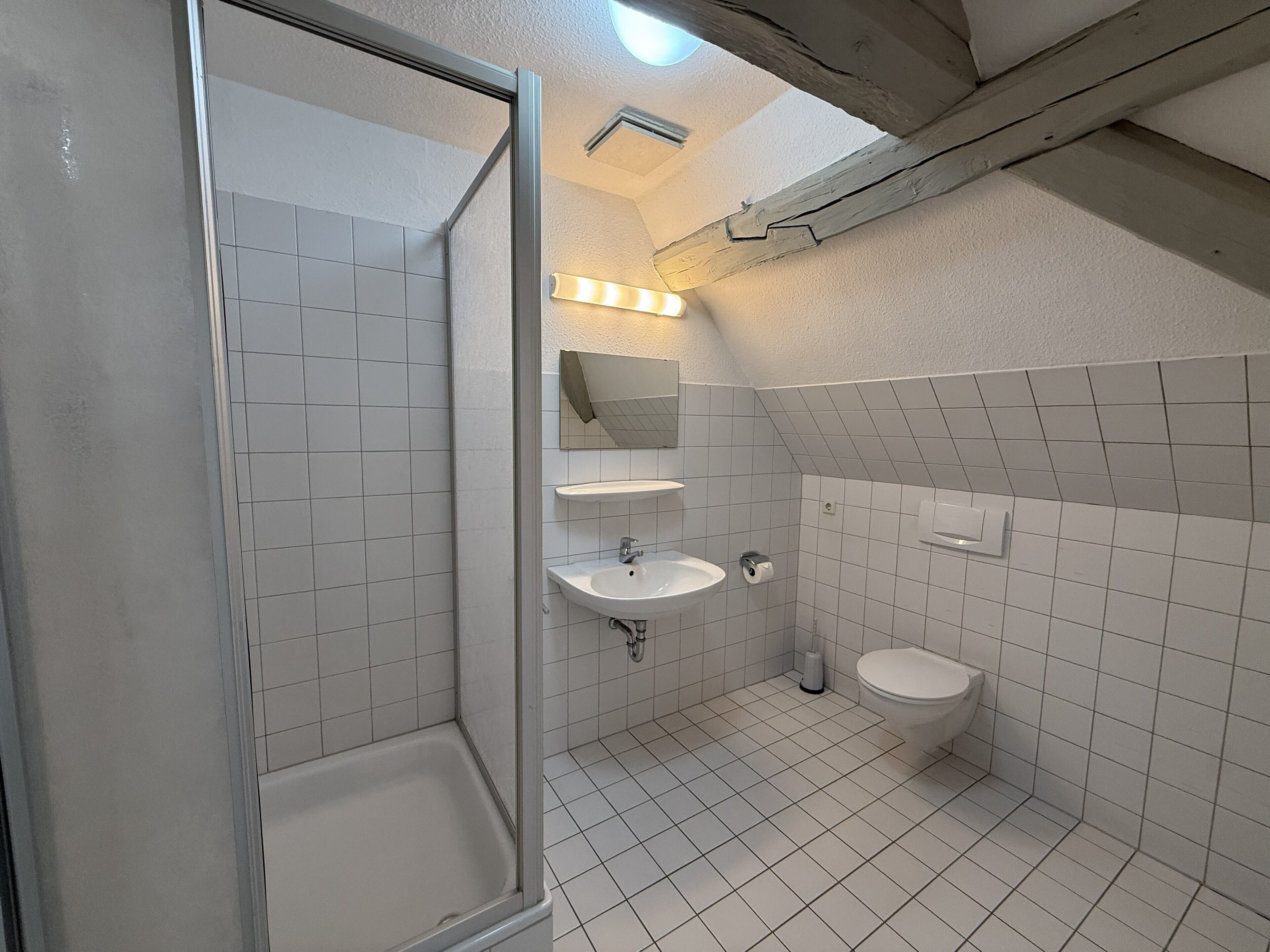Een douche, handdoeken, toiletpapier
