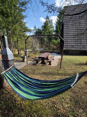 Eine Hängematte, ein Picknicktisch und ein Grill im Garten mit Bäumen und einem Haus.