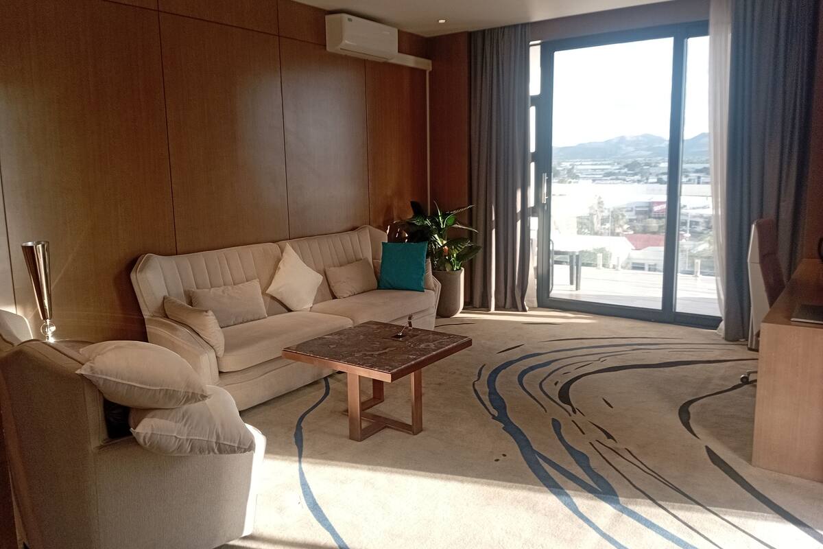 A modern living room with a sofa, a coffee table, a potted plant, and a view through a large window.