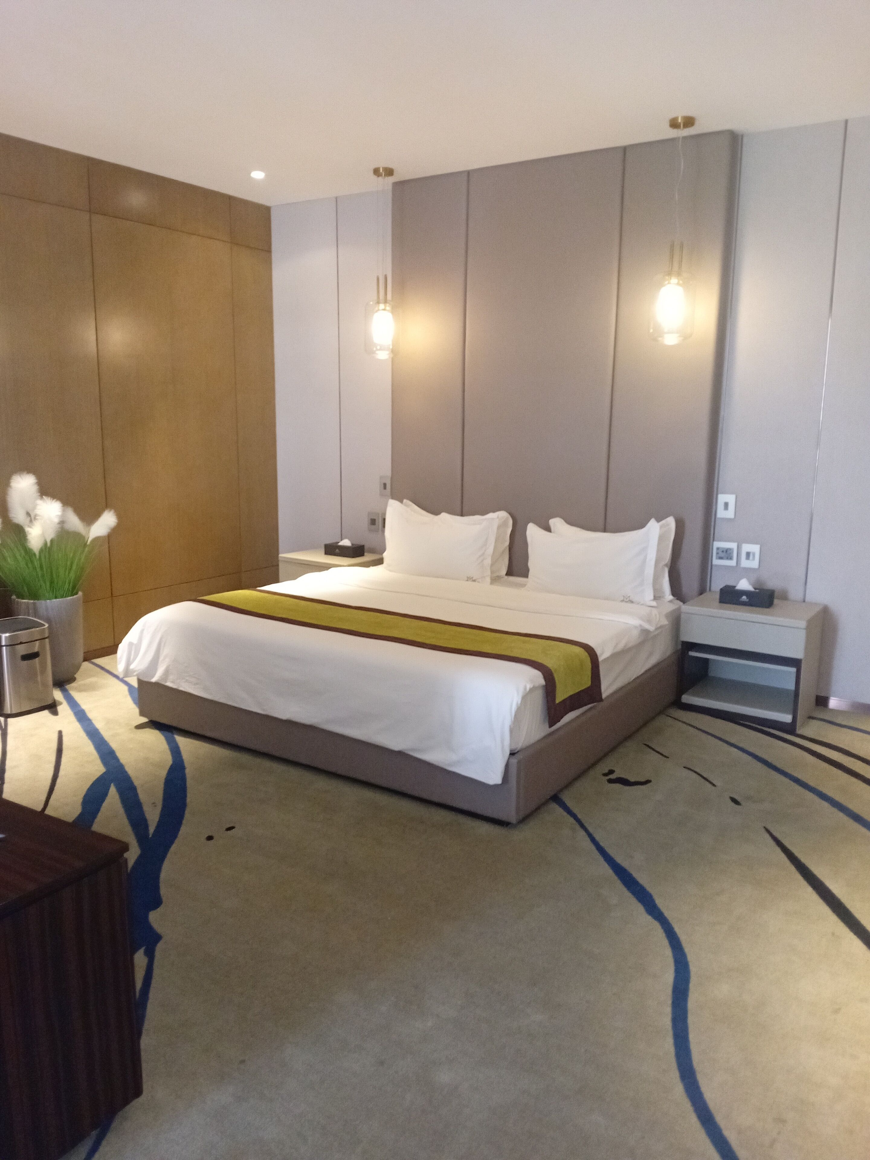 Habitación de hotel con una cama grande, mesitas de noche, una planta en maceta y un aplique de pared.