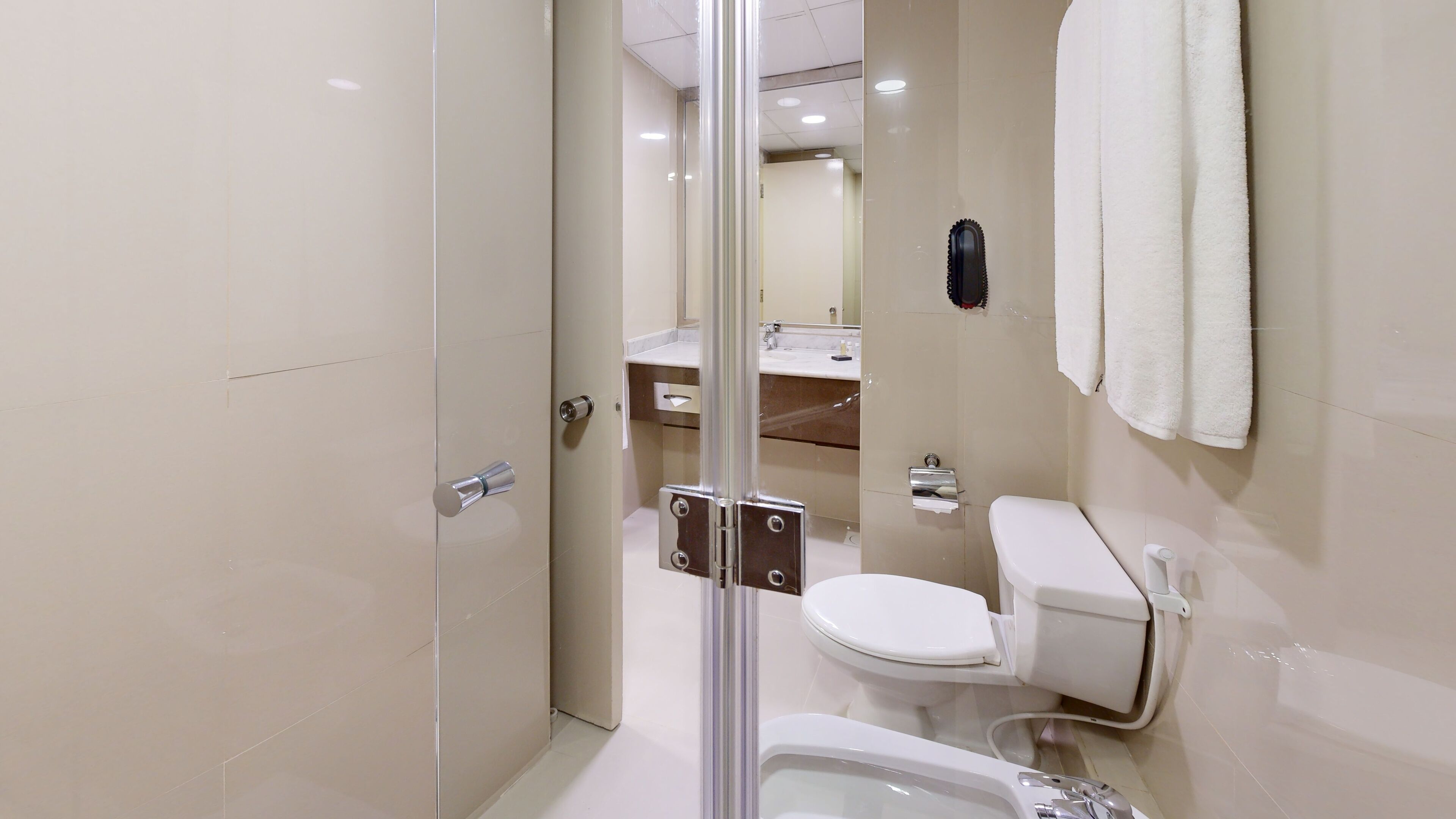 Een moderne badkamer met een douchecabine van glas, een toilet en een wastafel.