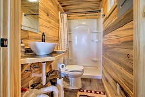 Hair dryer, towels, soap, shampoo