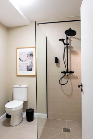 Douche, séchoir à cheveux, serviettes fournies, papier de toilette