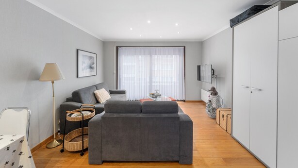 Een moderne woonkamer met een grijze bank, een vloerlamp, een televisie en een groot raam met transparante gordijnen.
